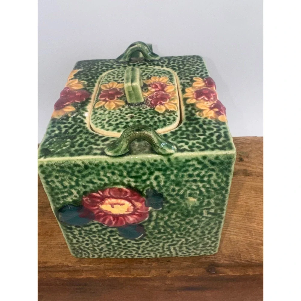 Vintage Japanese Square Ceramic Teapot Floral Majolica Style Green Made in Japan